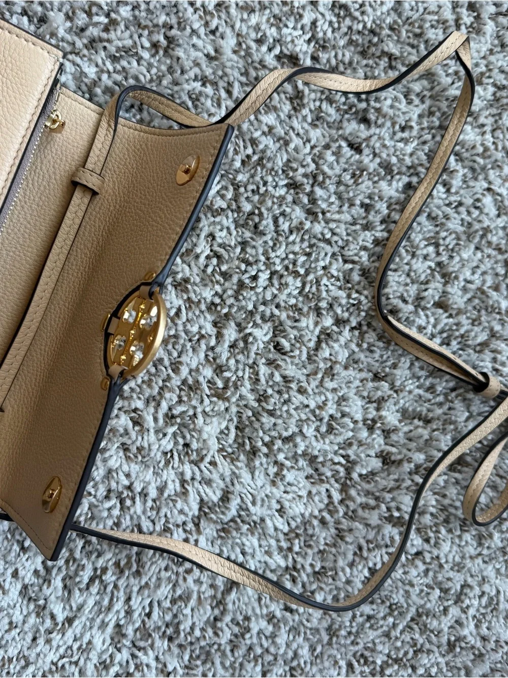 Tory Burch Miller Beige Leather Wallet Clutch with Gold Logo